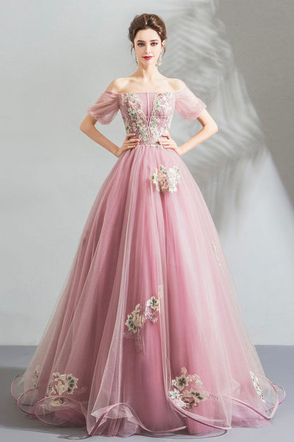 Pink tulle lace long prom dress evening dress  10623