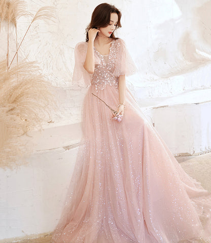 Pink tulle lace long prom dress pink evening dress  10525