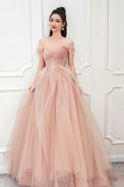 Pink tulle long prom dress pink evening dress  10589