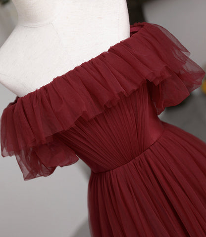 Burgundy tulle long prom dress A line evening dress  10503