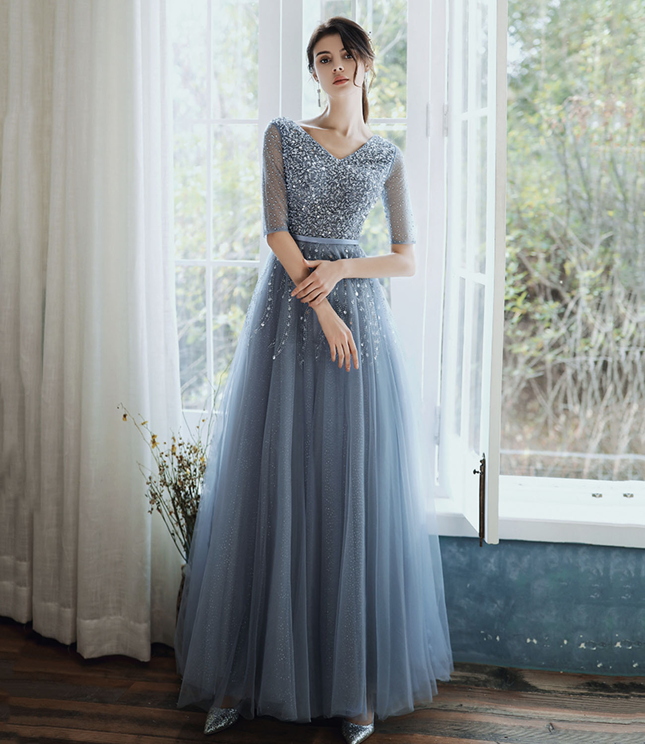 Blue tulle beads long prom dress A line evening gown  10333
