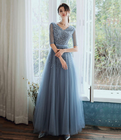 Blue tulle beads long prom dress A line evening gown  10333