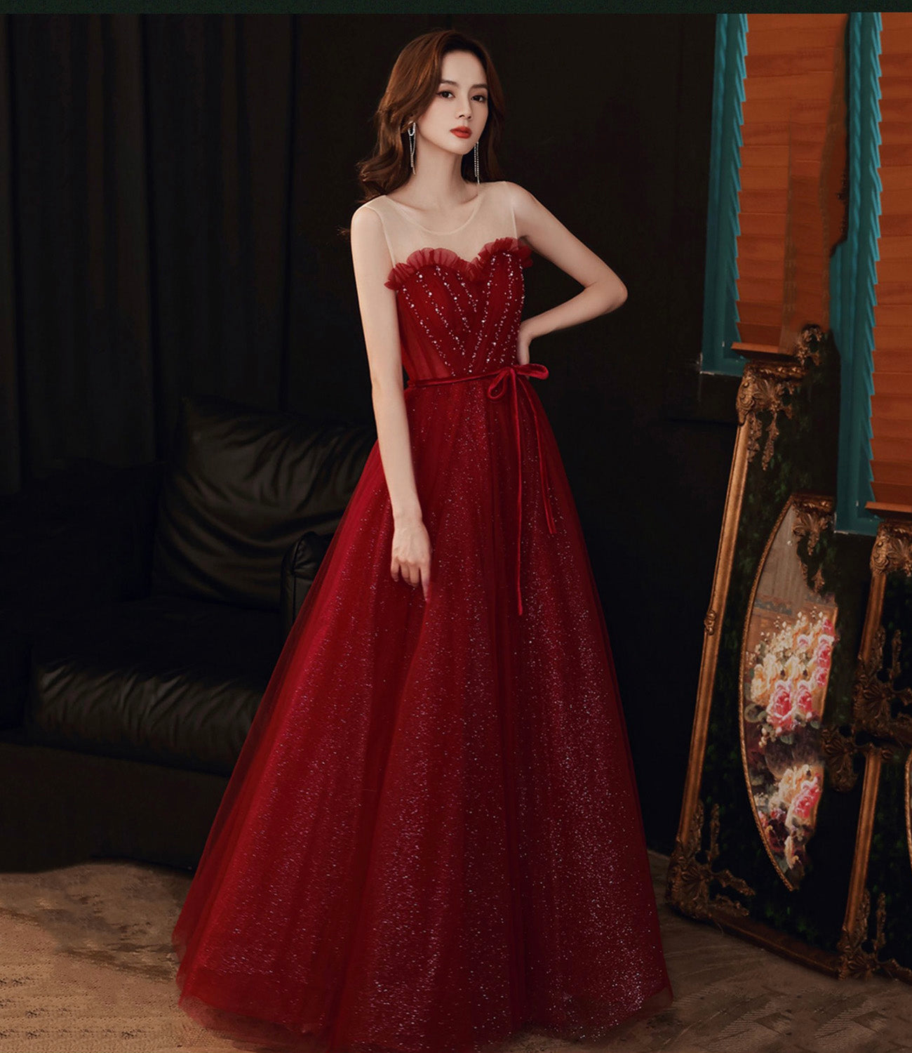 Burgundy tulle sequins long prom dress A line evening dress  10555