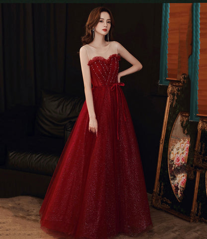 Burgundy tulle sequins long prom dress A line evening dress  10555