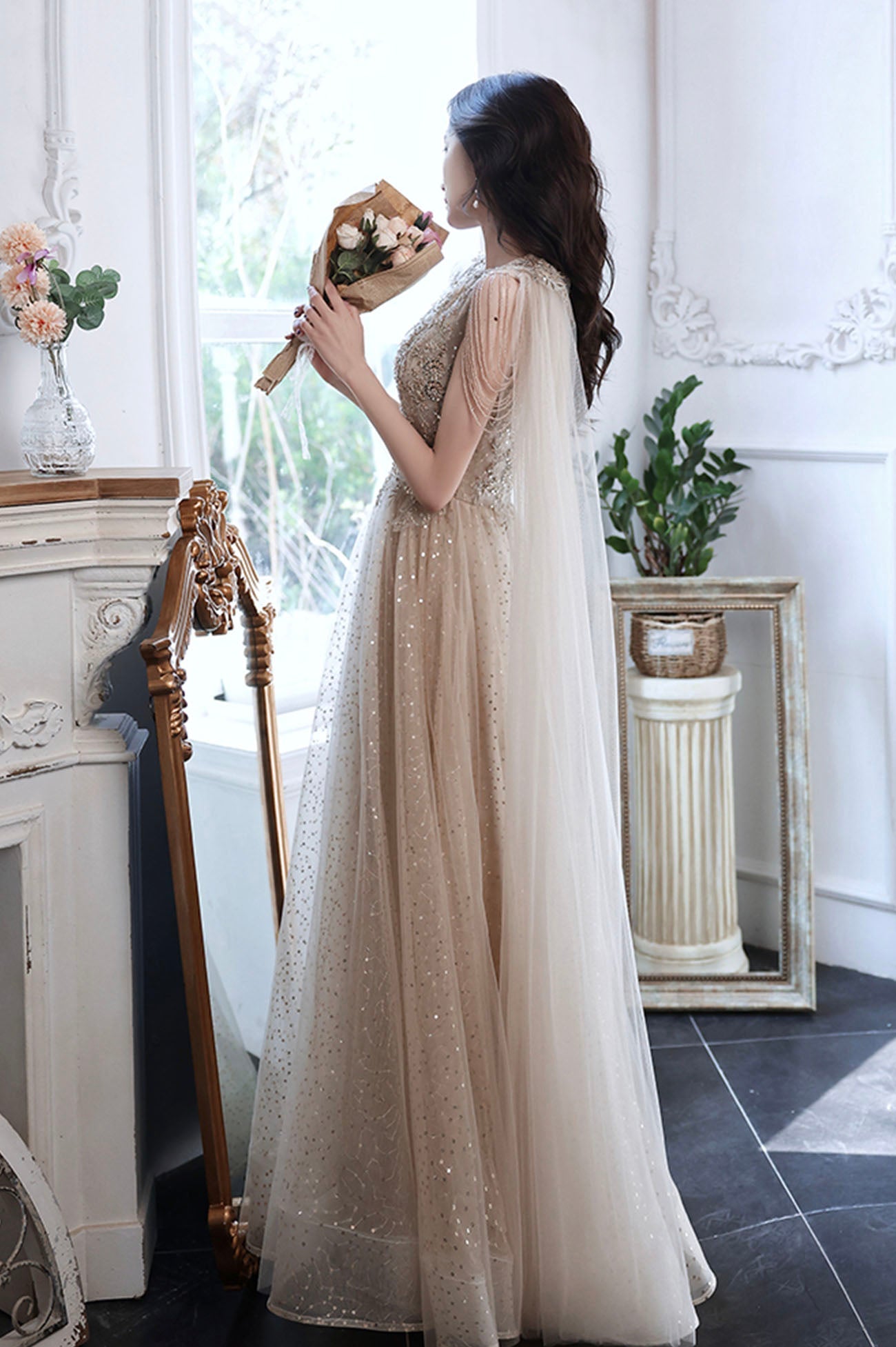 Champagne tulle sequins long prom dress evening dress  10605
