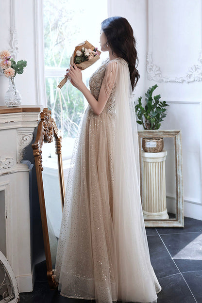Champagne tulle sequins long prom dress evening dress  10605