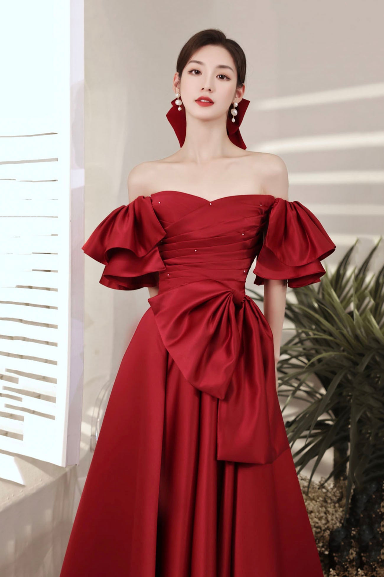Burgundy satin long prom dress A line evening dress  10601
