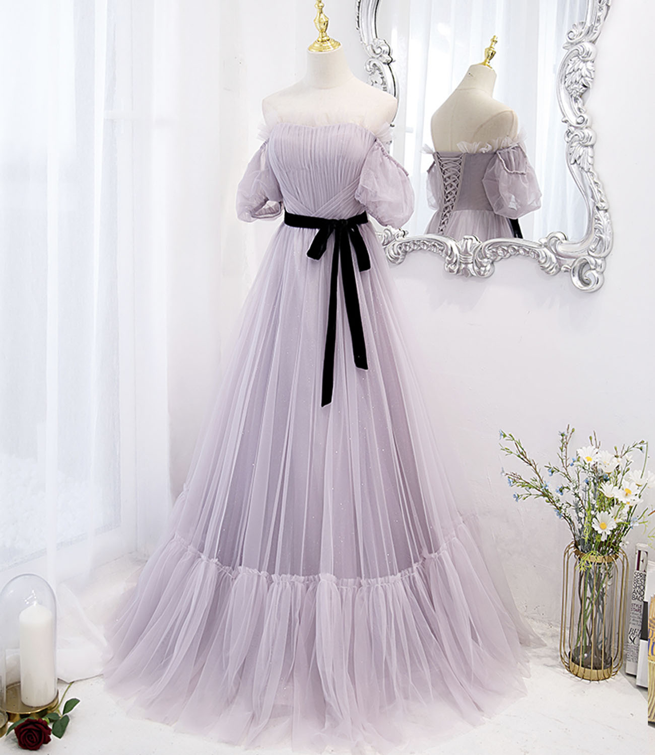 Purple tulle long prom dress A line evening dress  10446