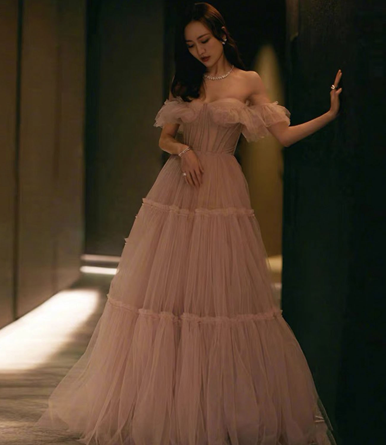 Pink tulle long prom dress A line evening dress  10336