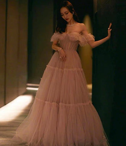 Pink tulle long prom dress A line evening dress  10336