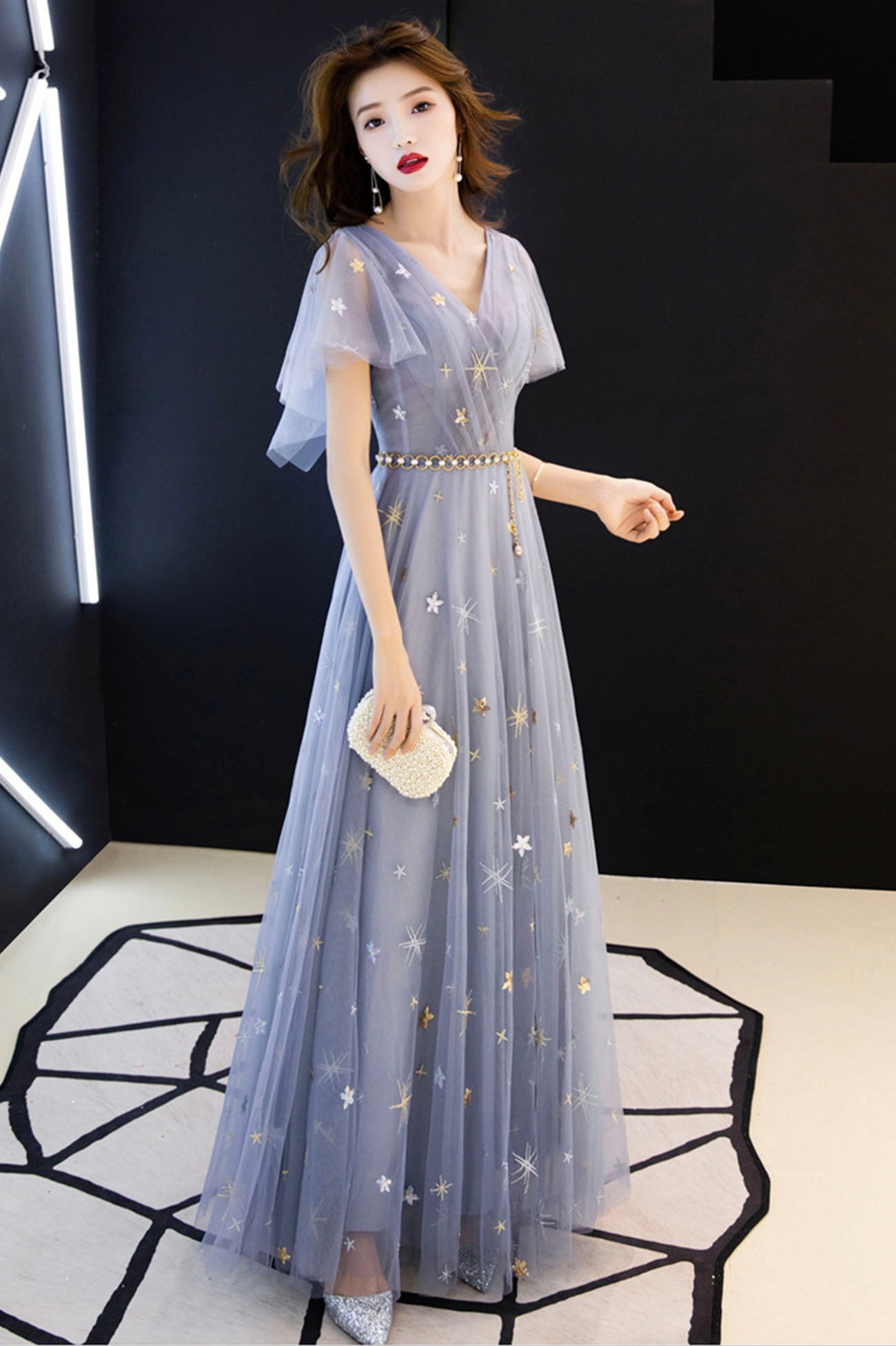 Blue v neck tulle long prom dress blue evening dress  10640