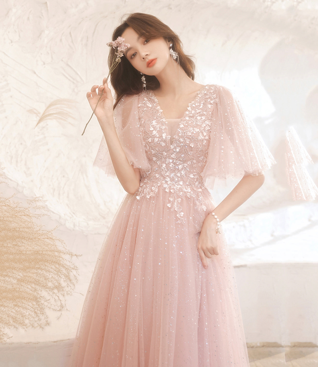 Pink tulle lace long prom dress pink evening dress  10525