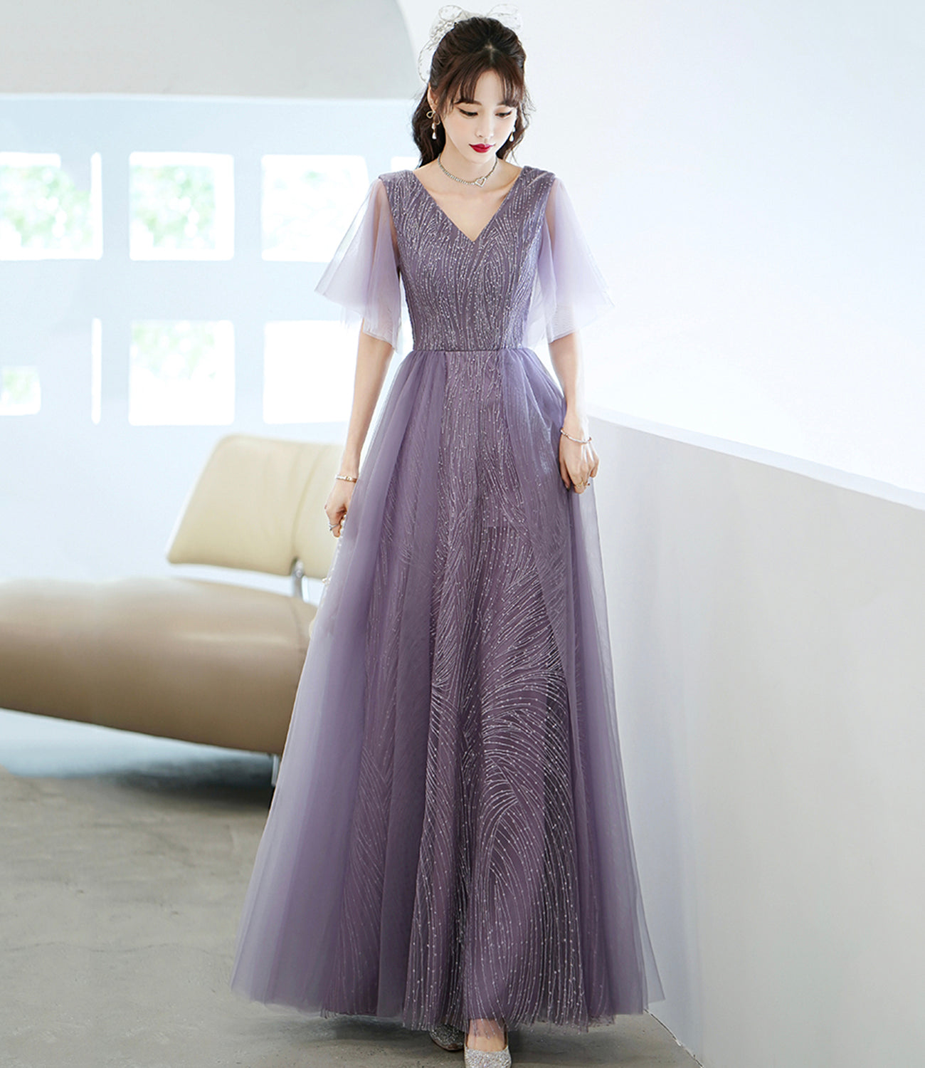 Purple tulle sequins long prom dress A line evening dress  10462