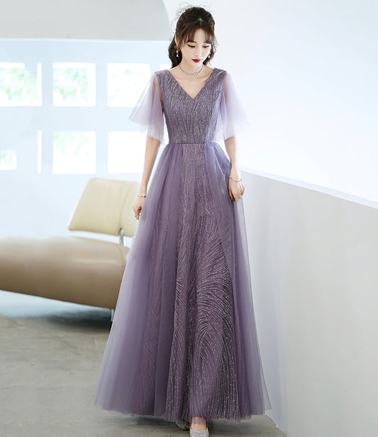 Purple tulle sequins long prom dress A line evening dress  10462