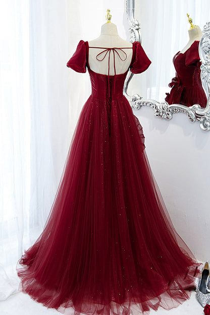 Burgundy satin tulle long prom dress evening dress  10598
