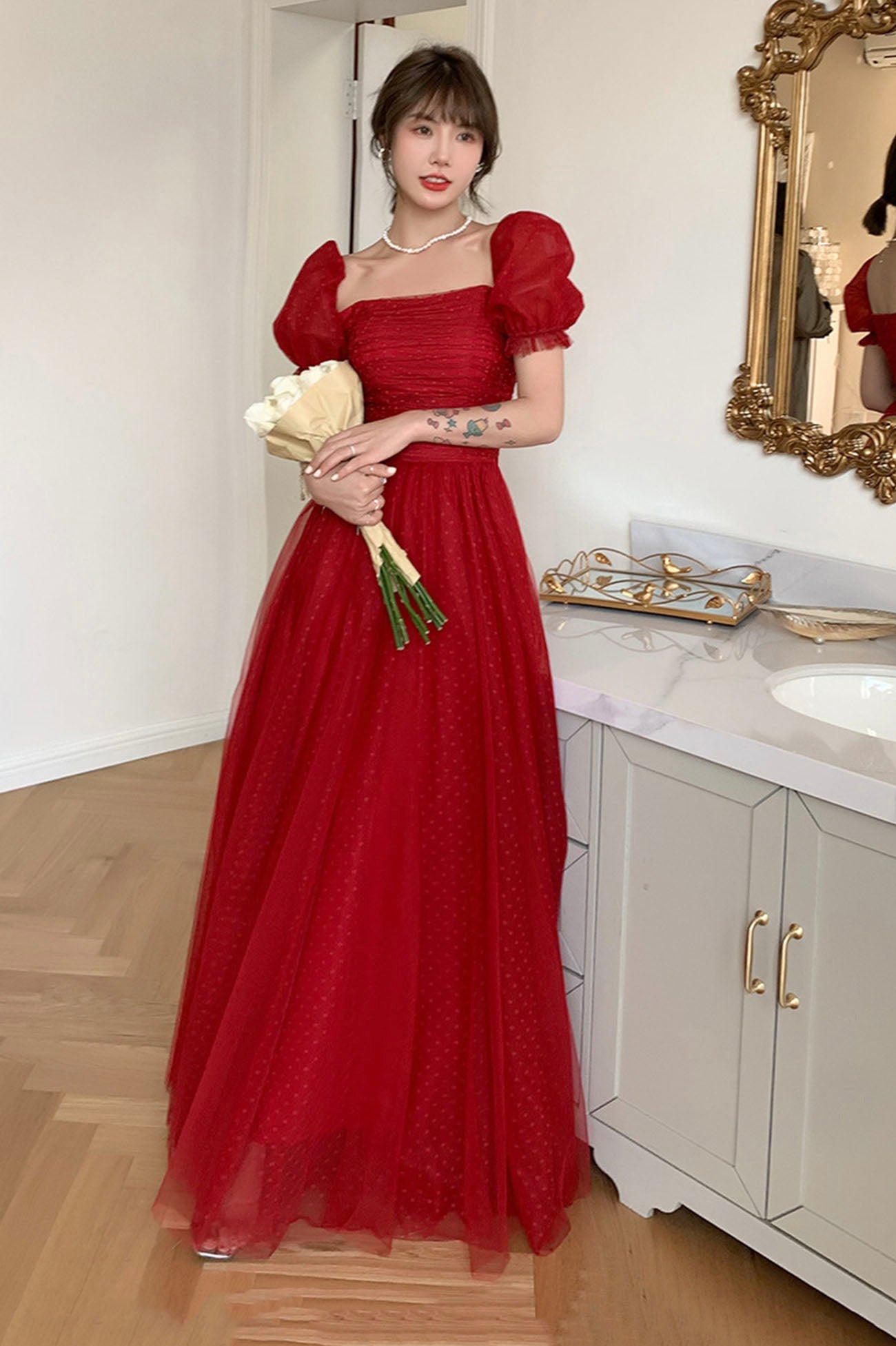 Red tulle long prom dress A line evening dress  10602
