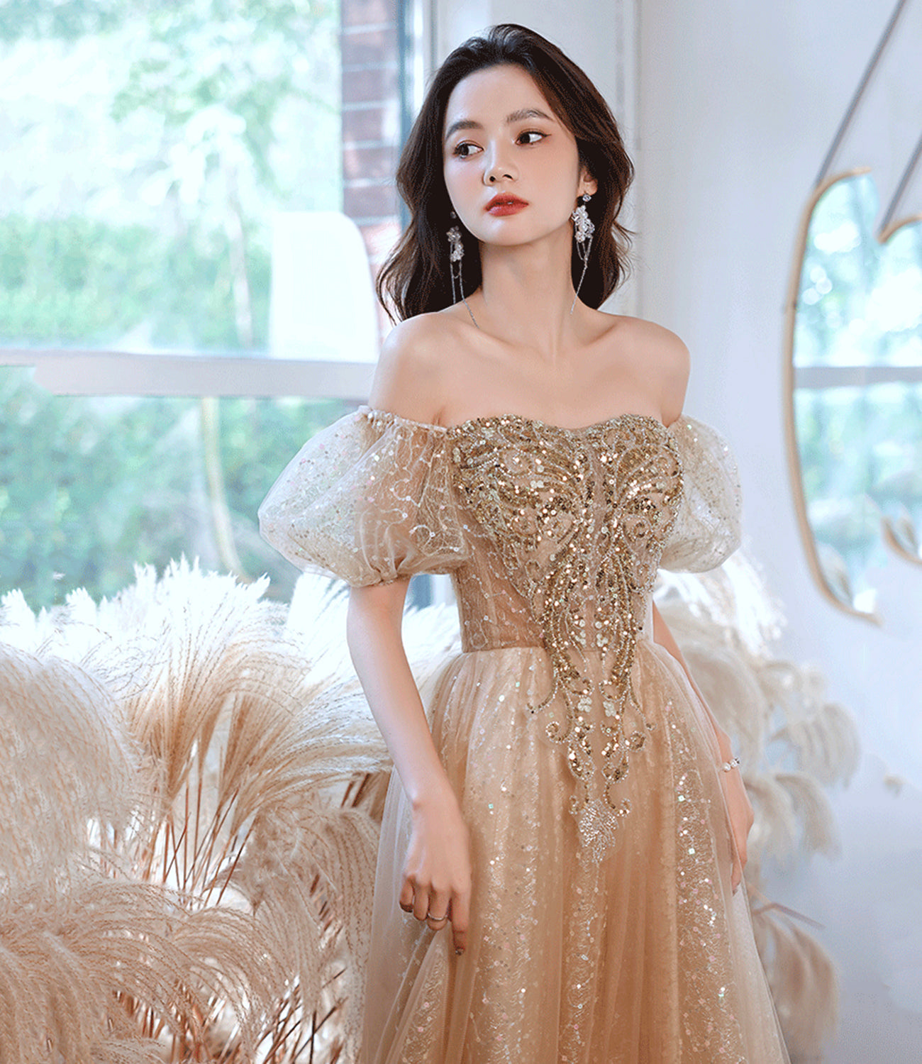 Shiny tulle sequins long prom dress A line evening dress  10389