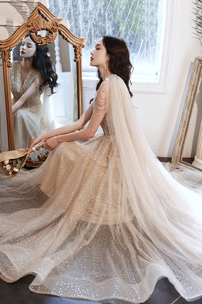 Champagne tulle sequins long prom dress evening dress  10605