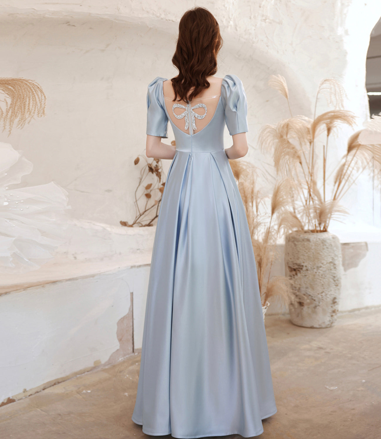 Cute satin long prom dress blue evening dress  10531