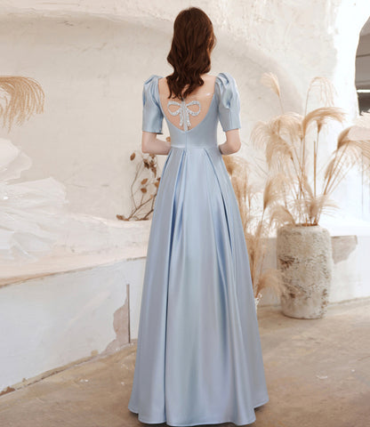 Cute satin long prom dress blue evening dress  10531