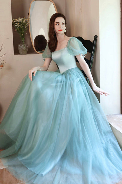 Green satin tulle long prom dress green evening dress  10618