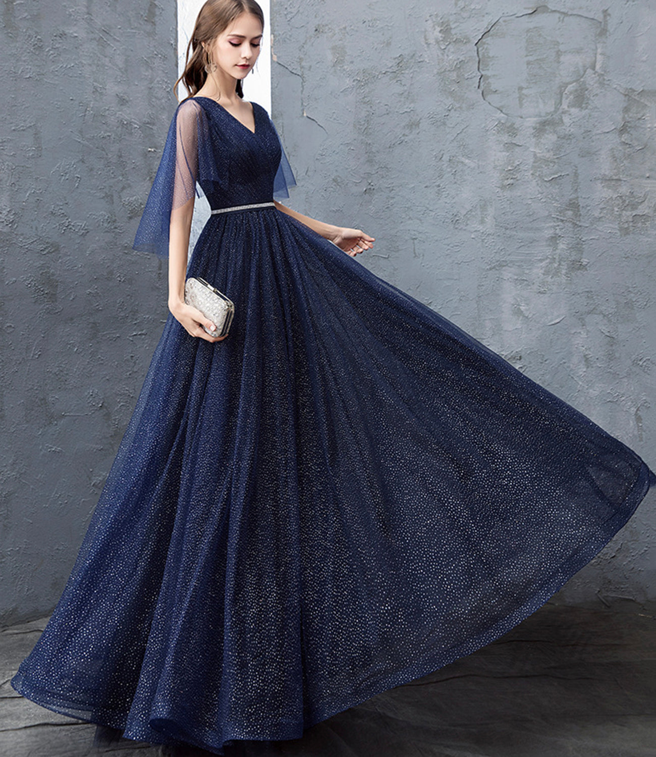 Blue tulle long prom dress A line evening dress  10377