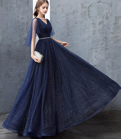 Blue tulle long prom dress A line evening dress  10377