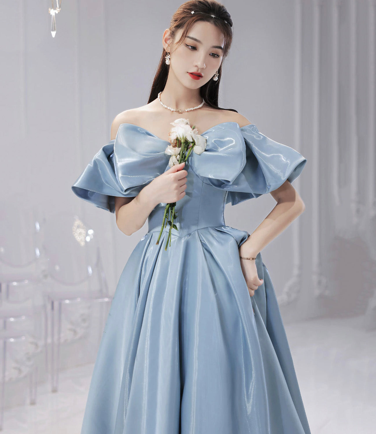 Blue satin long prom dress A line evening dress  10581