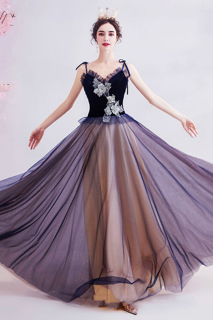 Blue tulle lace long prom dress blue evening dress  10617