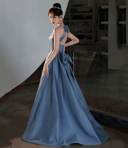 Blue satin long prom dress A line evening dress  10442
