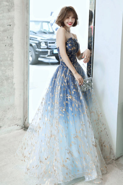 Blue tulle long prom dress blue evening dress  10590