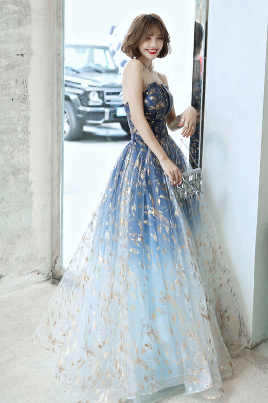 Blue tulle long prom dress blue evening dress  10590