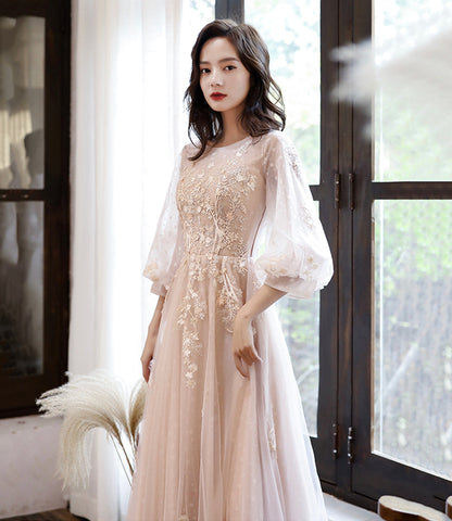 Pink Elegant Fashion A-line Lace Long sleeves Long Tulle Ball Gown Evening Gown Bridesmaid Dress  10468
