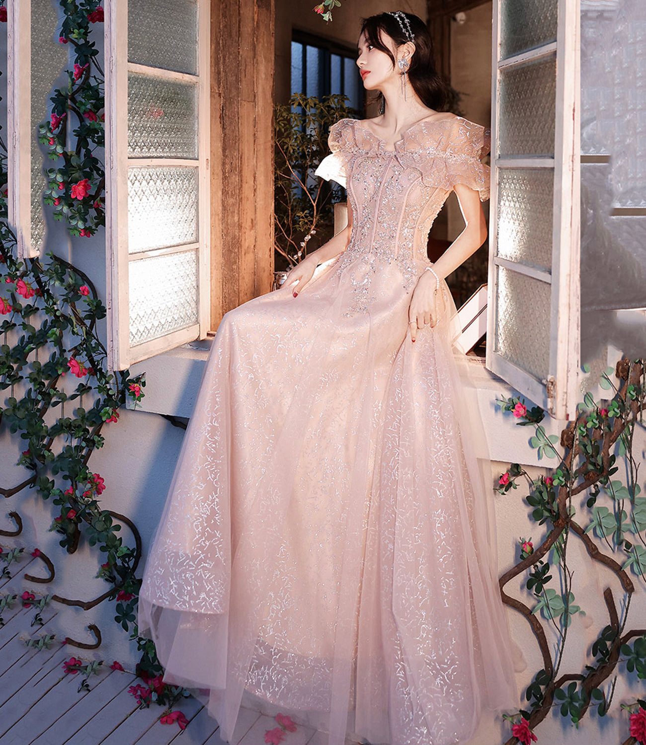 Pink tulle beads long prom dress A line evening dress  10487