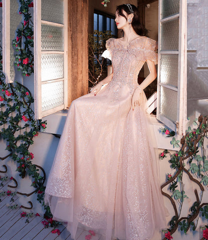 Pink tulle beads long prom dress A line evening dress  10487