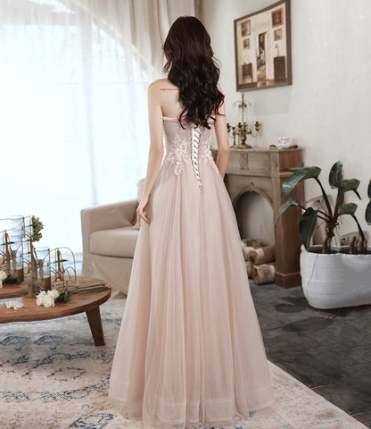 Pink tulle lace long prom dress pink evening dress  10628