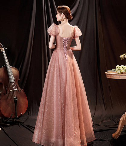Pink tulle sequins long prom dress pink evening dress  10650