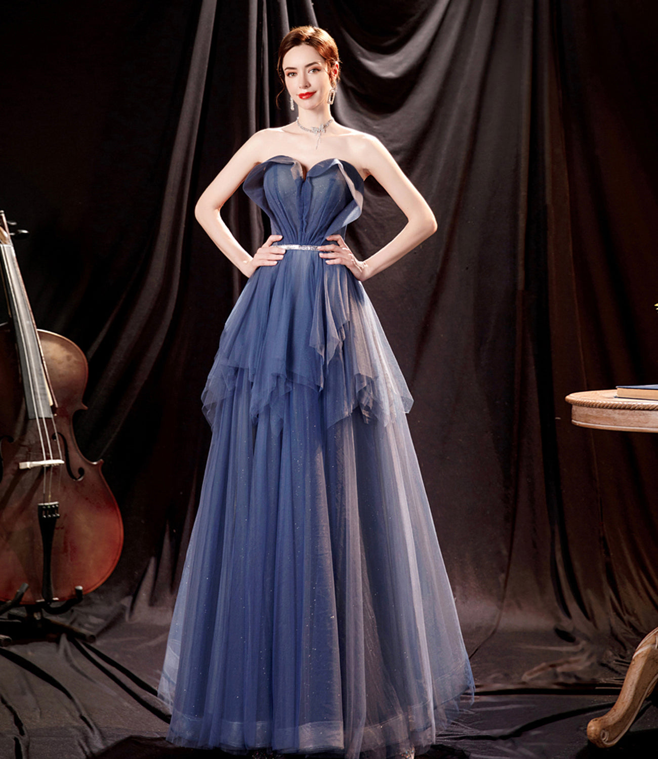 Blue tulle long A line prom dress blue evening dress  10533
