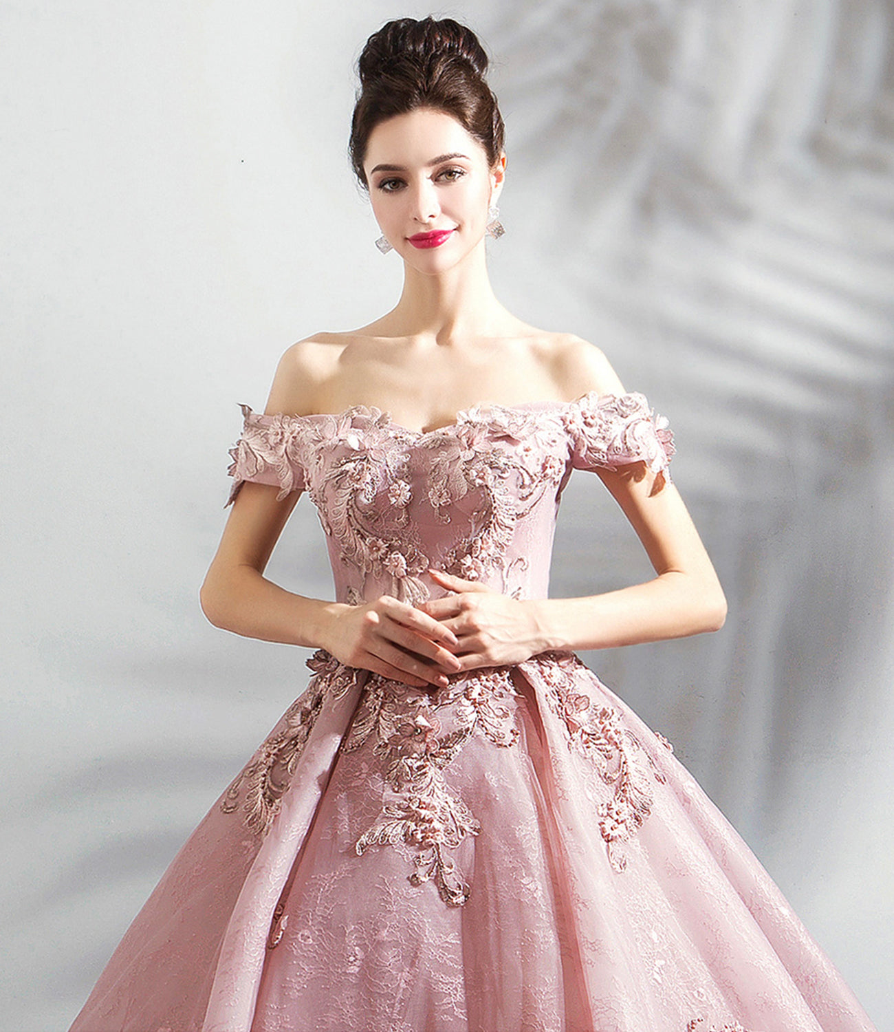 Pink tulle lace long prom dress A line evening gown  10359