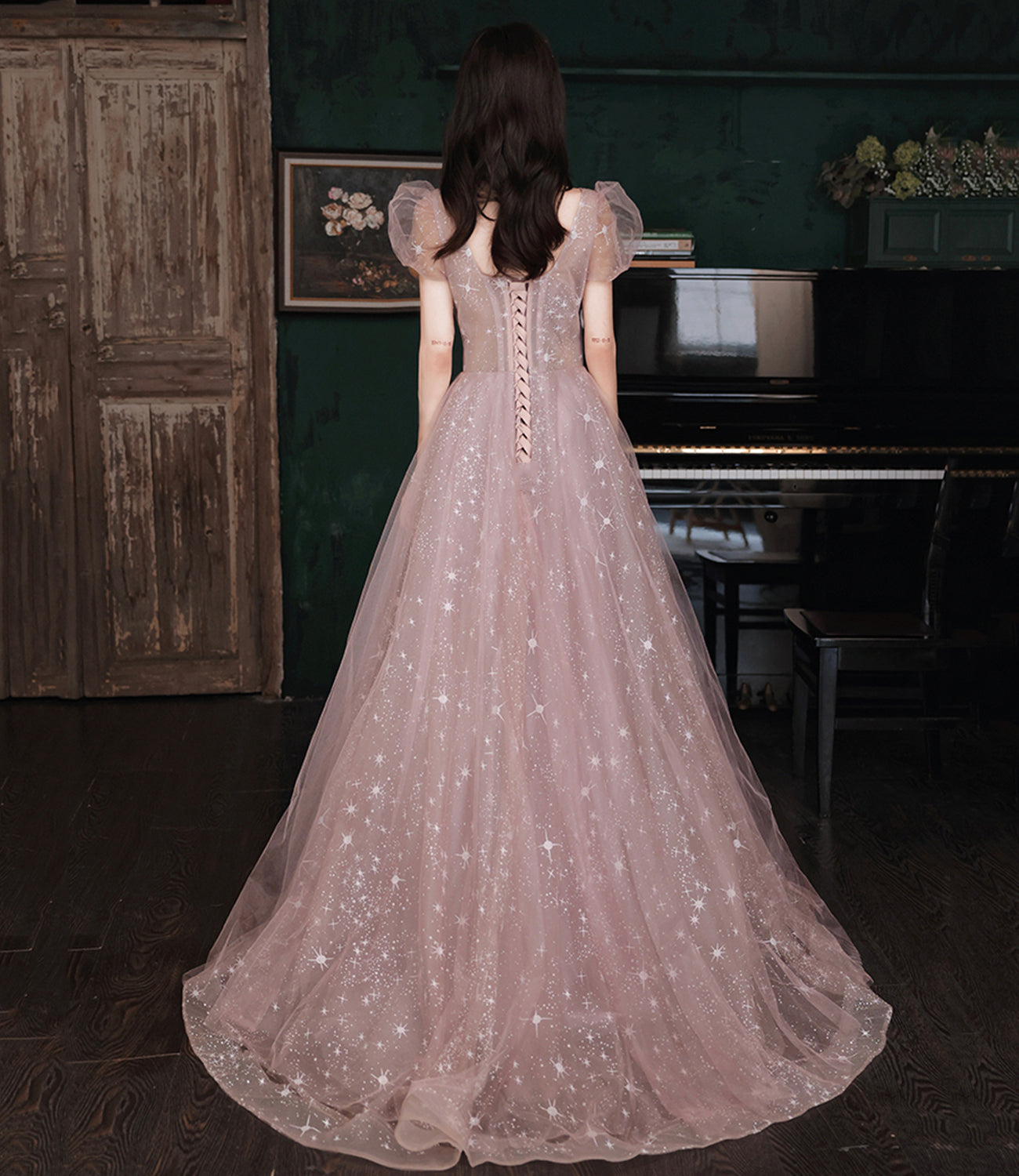 Pink tulle long prom dress A line evening gown  10490