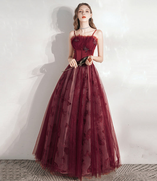 Burgundy tulle long prom dress A line evening gown  10374