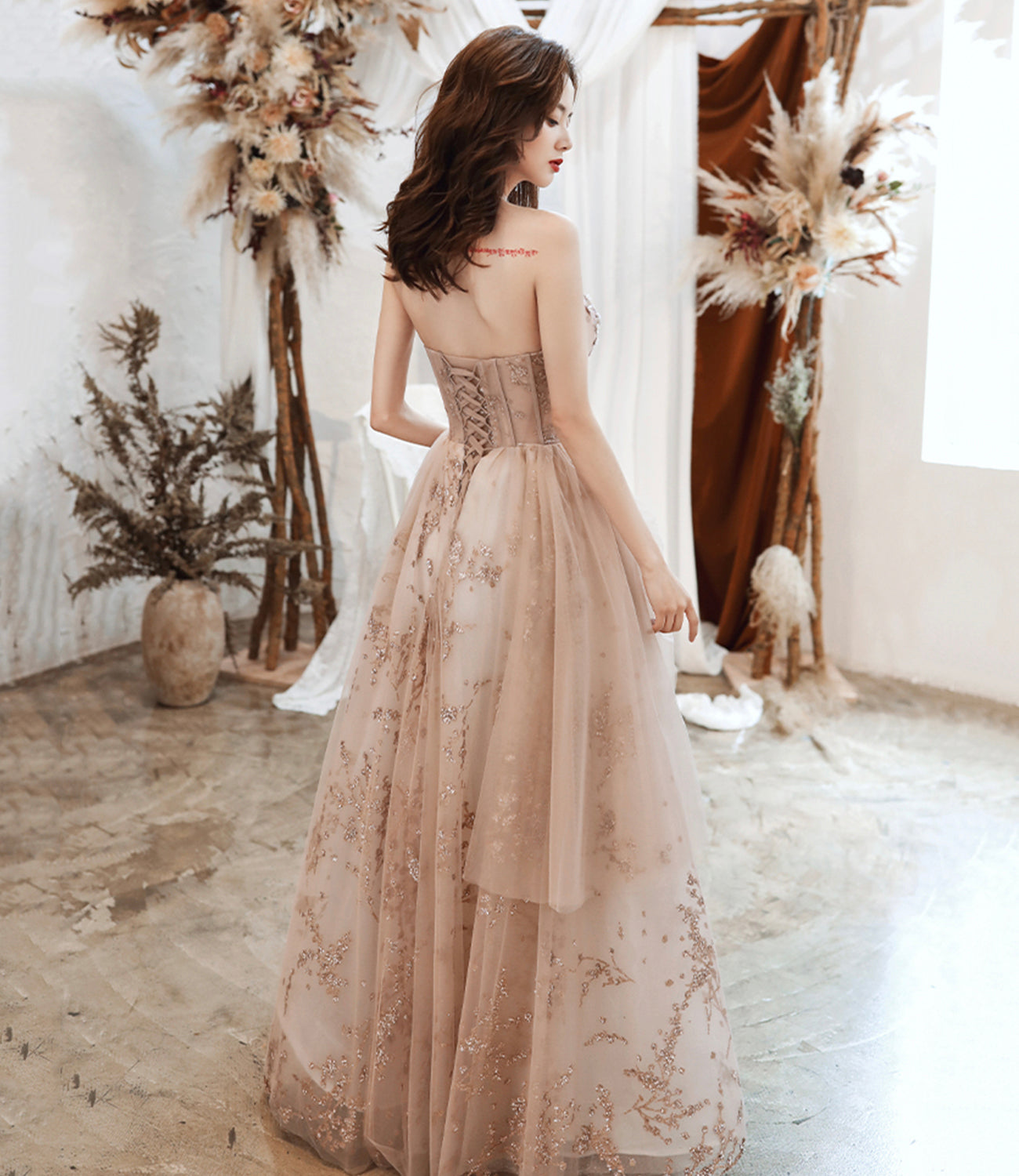 Cute tulle sequins long prom dress A line evening gown  10486