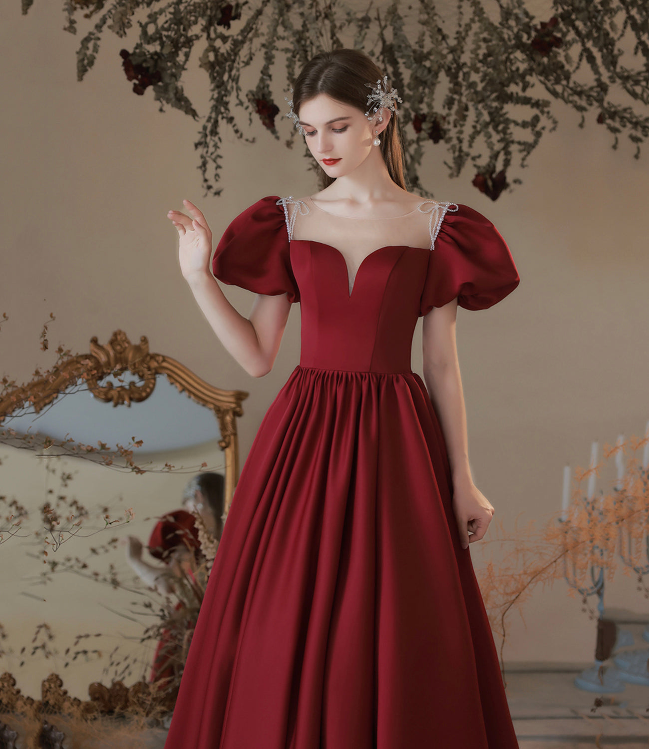Burgundy satin long prom dress A line evening dress  10373