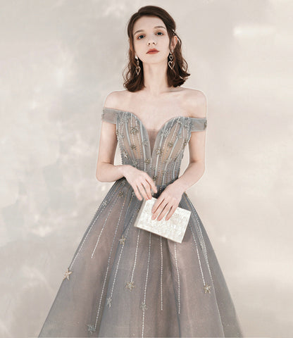 Gray tulle sequins long prom dress with star  10545