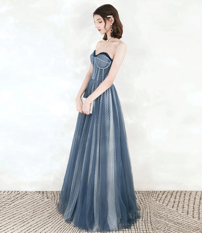 Blue tulle beads long prom dress A line evening dress  10549