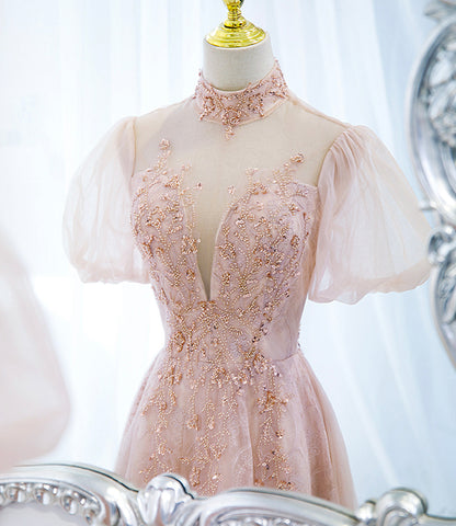 Pink tulle beads long prom dress A line evening dress  10400