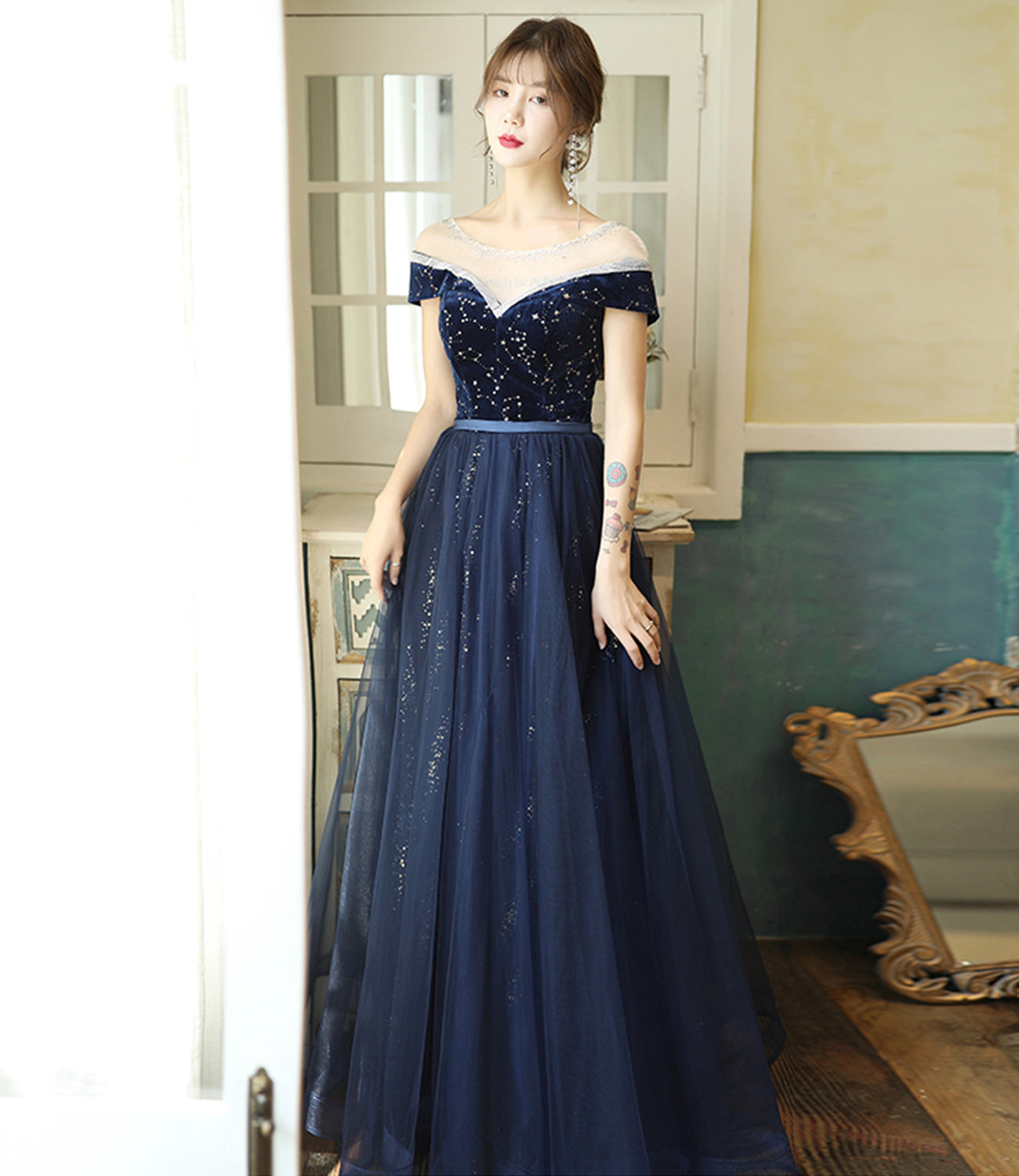 Blue velvet tulle long prom dress evening dress  10384