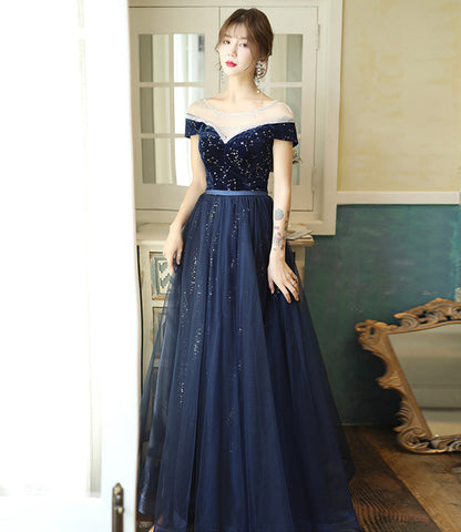 Blue velvet tulle long prom dress evening dress  10384