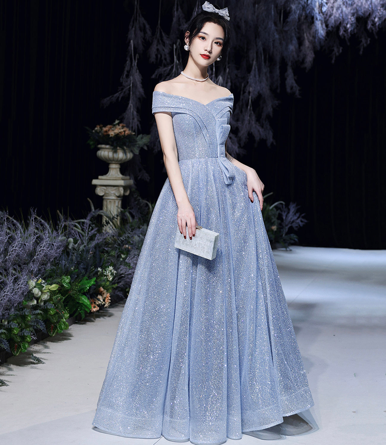 Blue tulle sequins long prom dress blue evening dress  10465