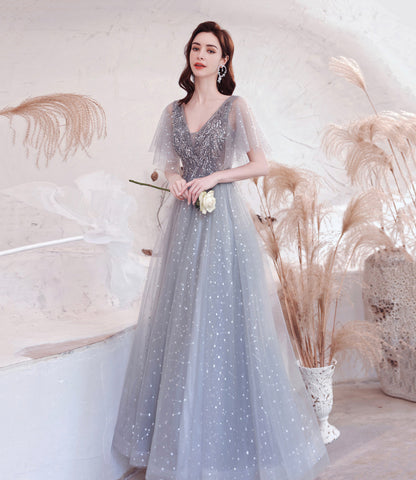 Gray tulle sequins long prom dress A line evening dress  10528
